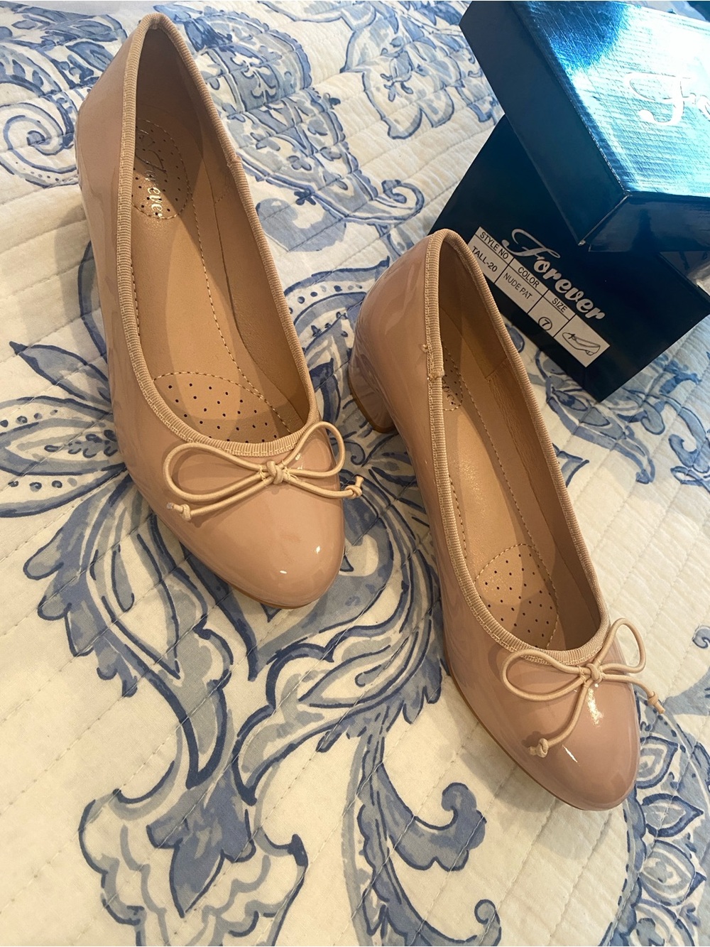 Shoes, Nude Patent Ballet Mini Heel with Bow Accent